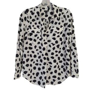 Ann Taylor Petite‎ women XSP Blouse black white Leopard Print Long Sleeve Tunic